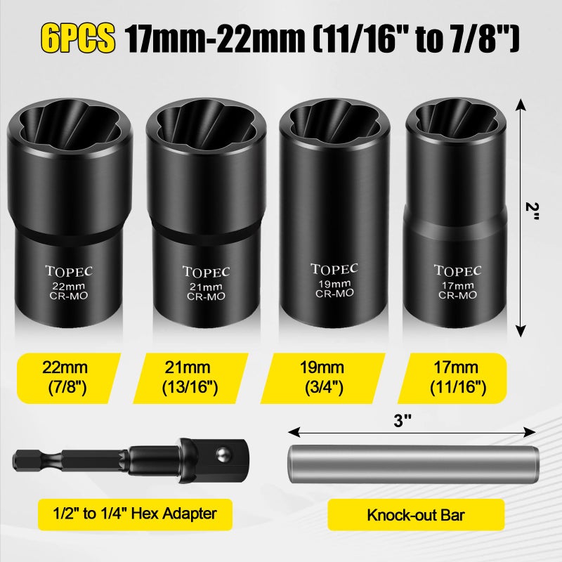 Topec 6PCS Lug Nut Removal Tool, 1/2-Inch Drive Wheel Lock Removal Kit, 17,19,21,22mm Stripped Lug Nut Remover, Extractor Socket Set for Broken, Damaged, Rounded Bolts - Image 3